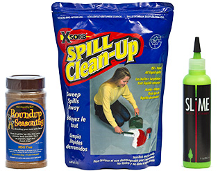 X-Sorb Spill Clean-up, Roundup Seasoning, Slime packaging