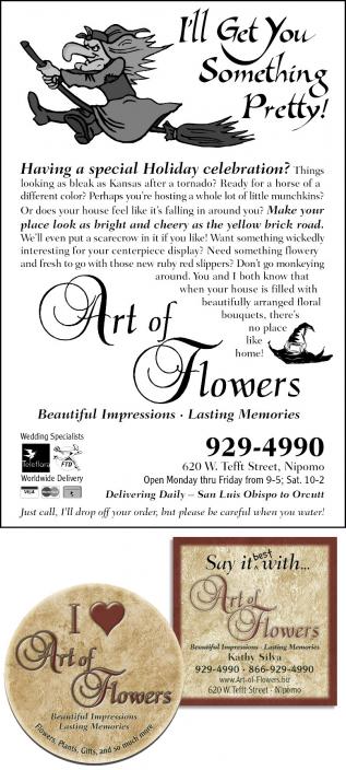Art of Flowers sample ads & pin-back badge